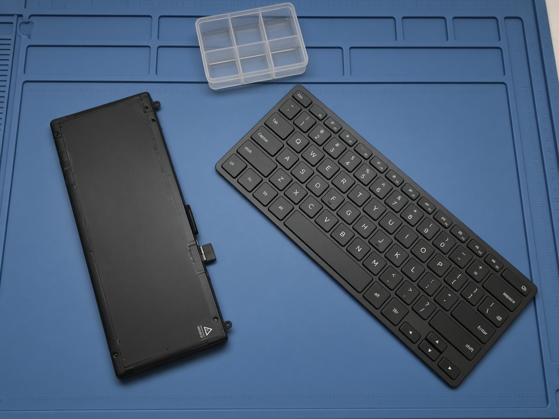 A laptop battery and keyboard on a work mat