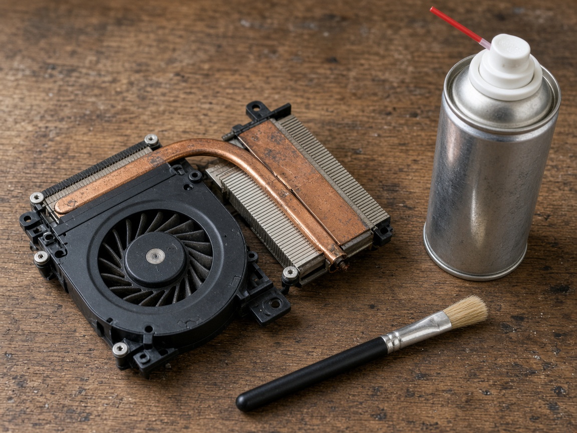 A laptop cooling fan and heat sink on the bench