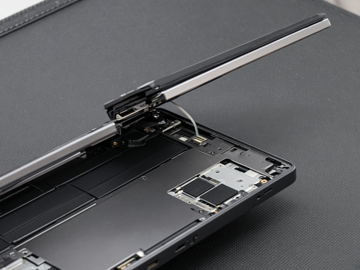 A laptop display panel lifted from the chassis