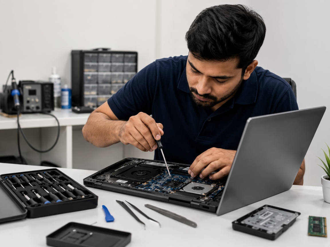 Technician in a navy polo repairing an open laptop