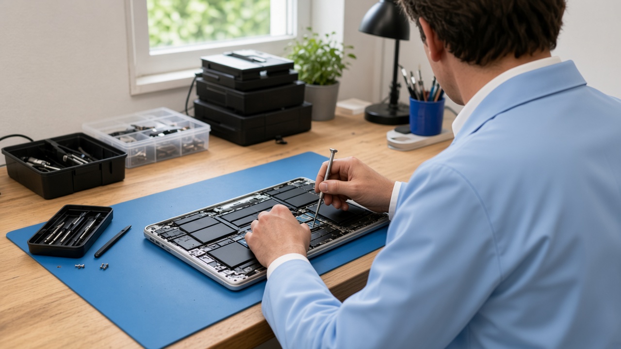 Technician working on a laptop at the repair counter