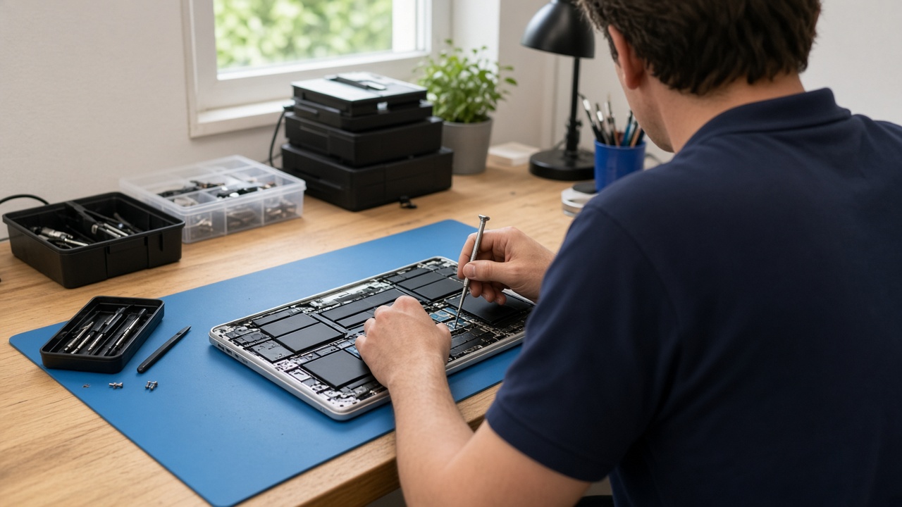 A technician repairing a laptop on the shop bench