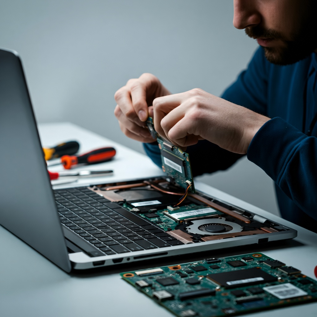 Technician fitting a circuit board into an open laptop
